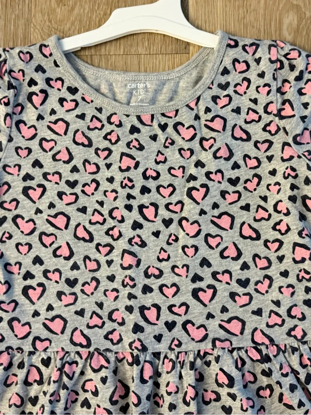 Carter's  Girl's Size 7 Gray Short Sleeve Casual Dress With Pink Leopard Print